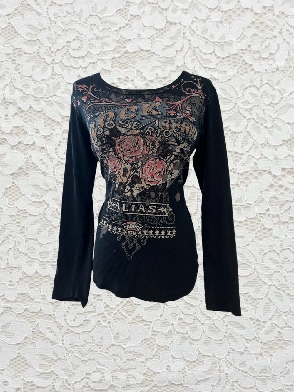 vintage grunge‎ black long sleeve top with rose graphic